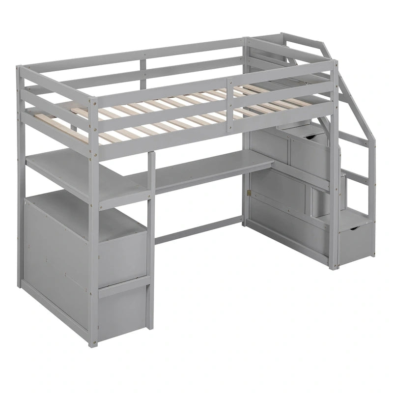 Lit mezzanine jumeau avec bureau, étagères, escalier et 2 tiroirs de rangement