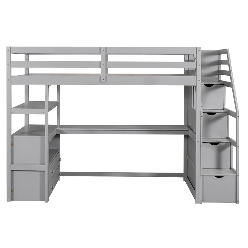 Lit mezzanine jumeau avec bureau, étagères, escalier et 2 tiroirs de rangement