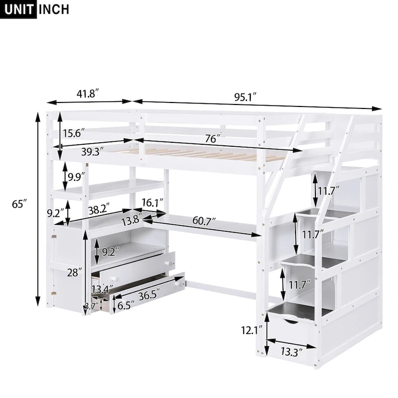 Lit mezzanine jumeau avec bureau, étagères, escalier et 2 tiroirs de rangement