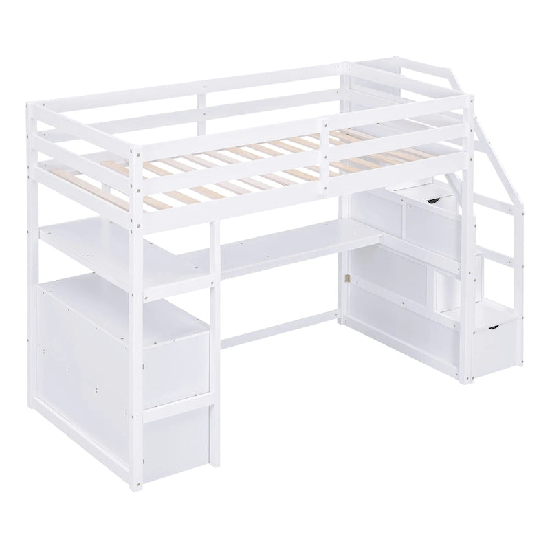 Lit mezzanine jumeau avec bureau, étagères, escalier et 2 tiroirs de rangement