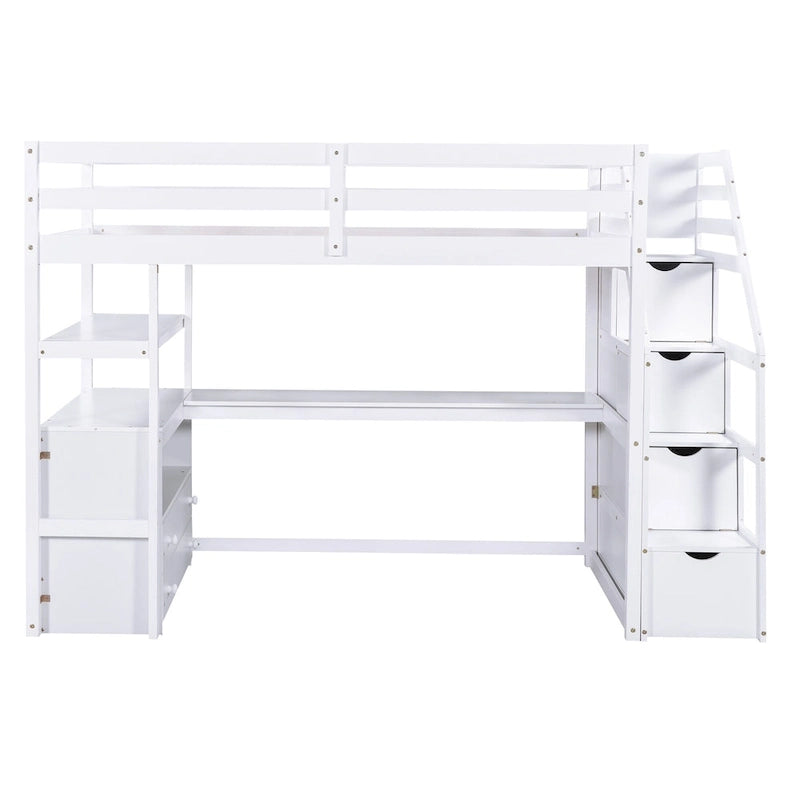 Lit mezzanine jumeau avec bureau, étagères, escalier et 2 tiroirs de rangement