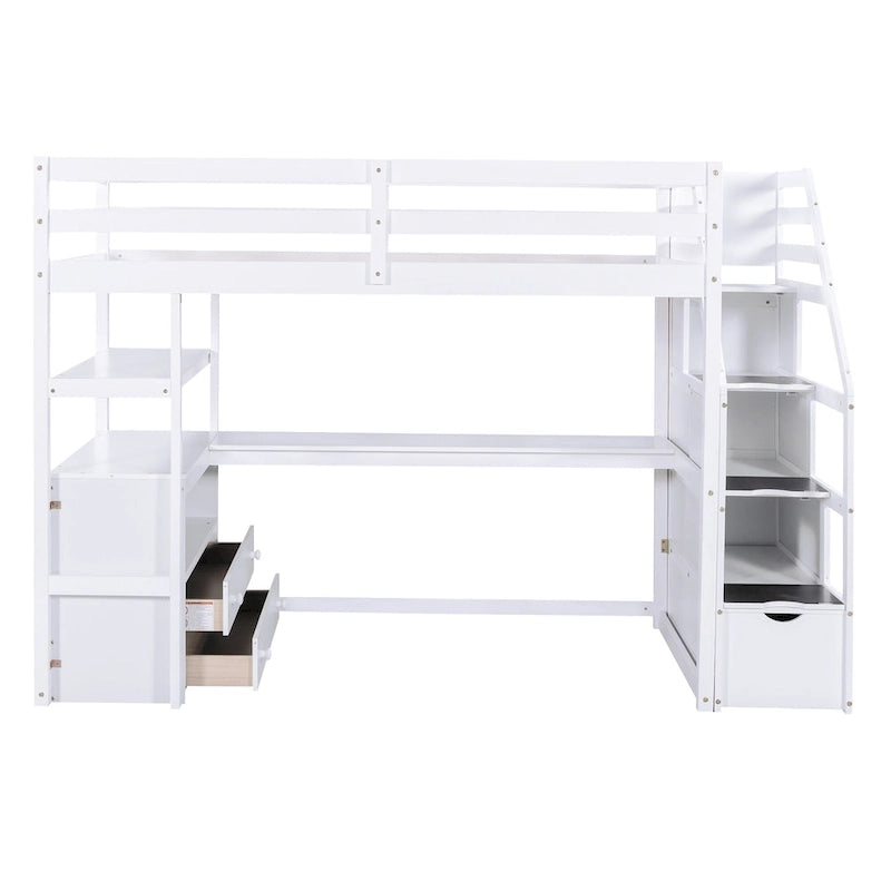 Lit mezzanine jumeau avec bureau, étagères, escalier et 2 tiroirs de rangement