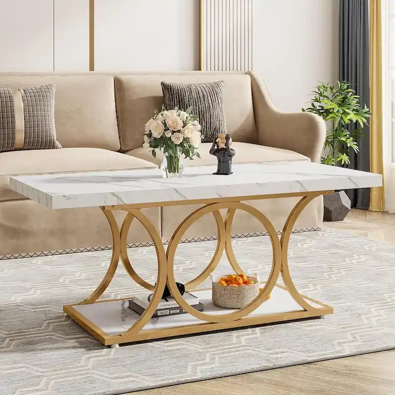 Table basse rectangulaire à 2 niveaux de 119 cm avec plateau en faux marbre et pieds en métal