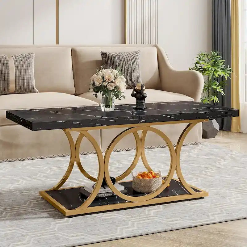 Table basse rectangulaire à 2 niveaux de 119 cm avec plateau en faux marbre et pieds en métal
