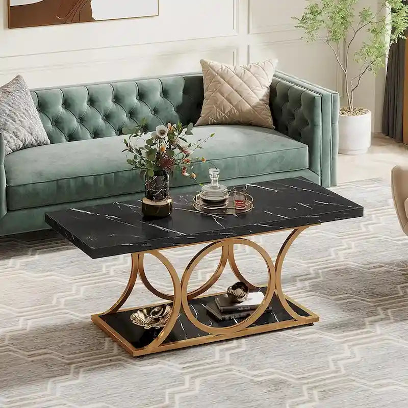 Table basse rectangulaire à 2 niveaux de 119 cm avec plateau en faux marbre et pieds en métal