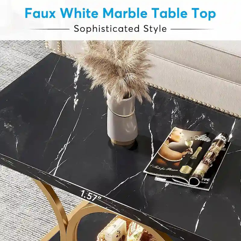 Table basse rectangulaire à 2 niveaux de 119 cm avec plateau en faux marbre et pieds en métal