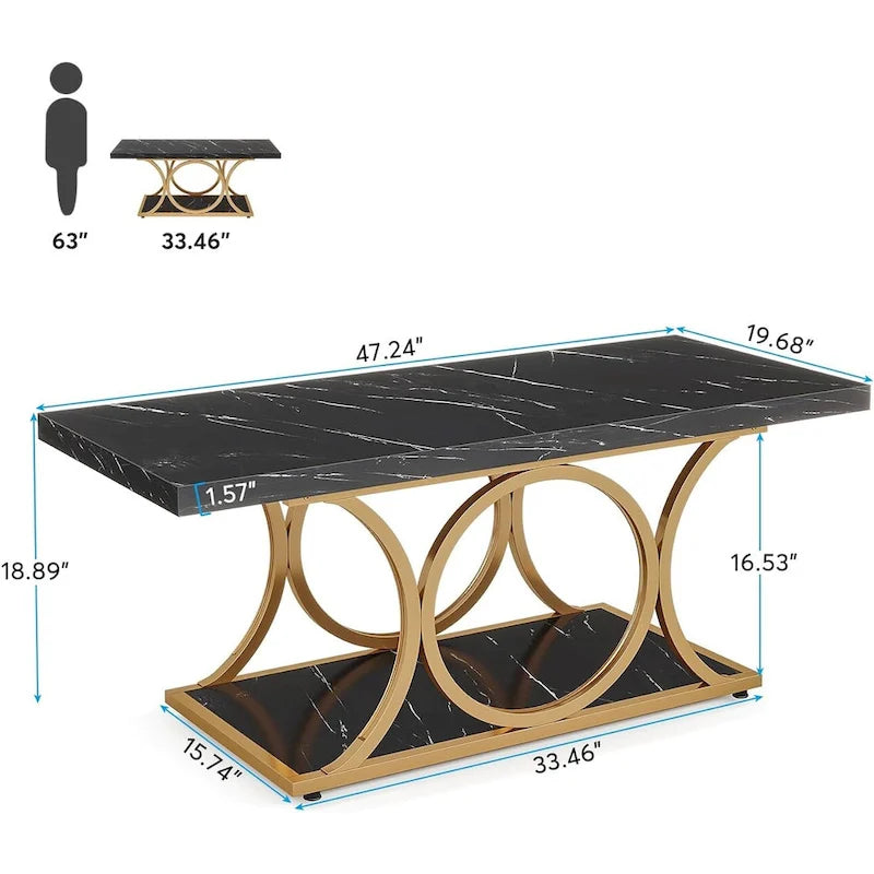 Table basse rectangulaire à 2 niveaux de 119 cm avec plateau en faux marbre et pieds en métal