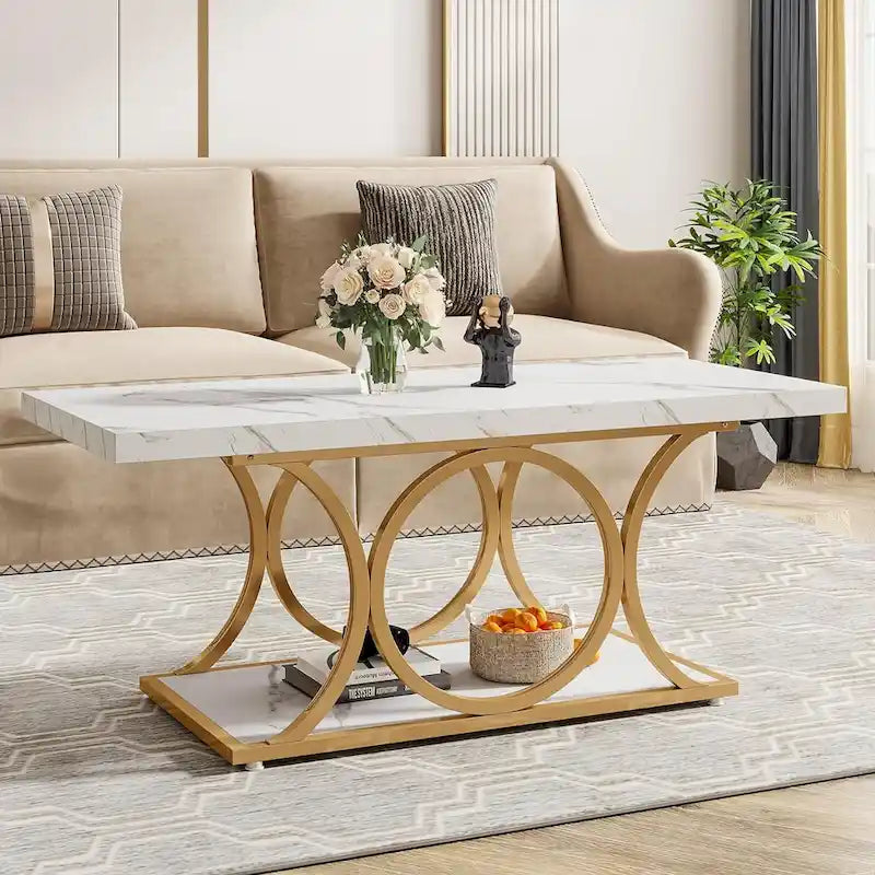 Table basse rectangulaire à 2 niveaux de 119 cm avec plateau en faux marbre et pieds en métal