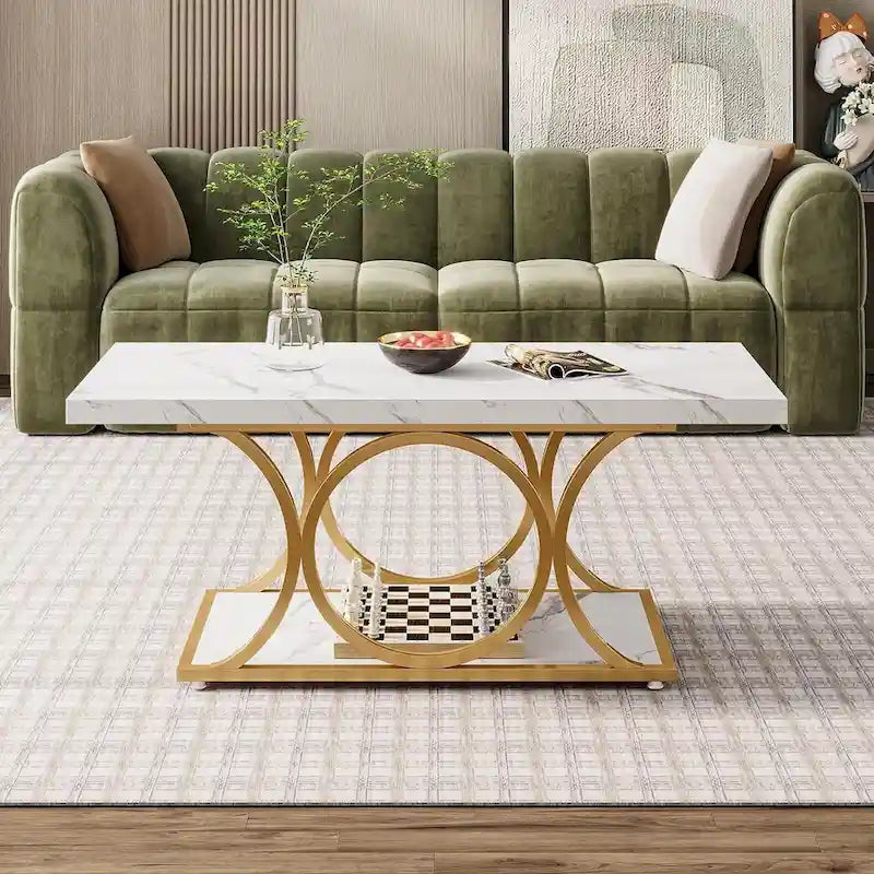 Table basse rectangulaire à 2 niveaux de 119 cm avec plateau en faux marbre et pieds en métal