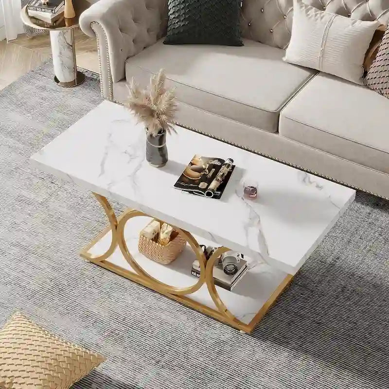 Table basse rectangulaire à 2 niveaux de 119 cm avec plateau en faux marbre et pieds en métal