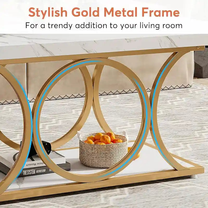 Table basse rectangulaire à 2 niveaux de 119 cm avec plateau en faux marbre et pieds en métal