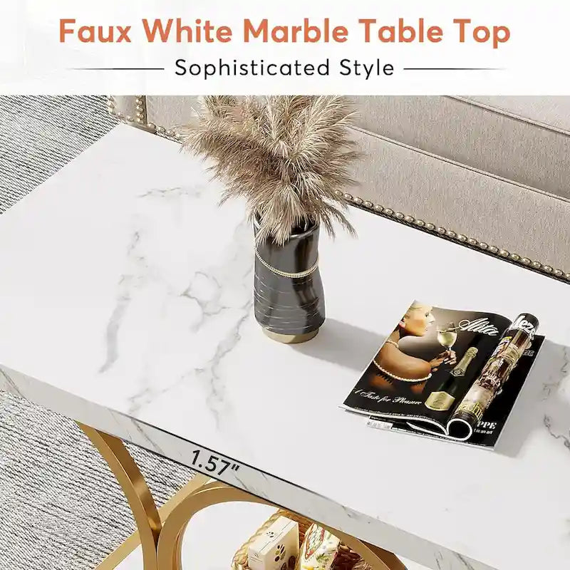 Table basse rectangulaire à 2 niveaux de 119 cm avec plateau en faux marbre et pieds en métal