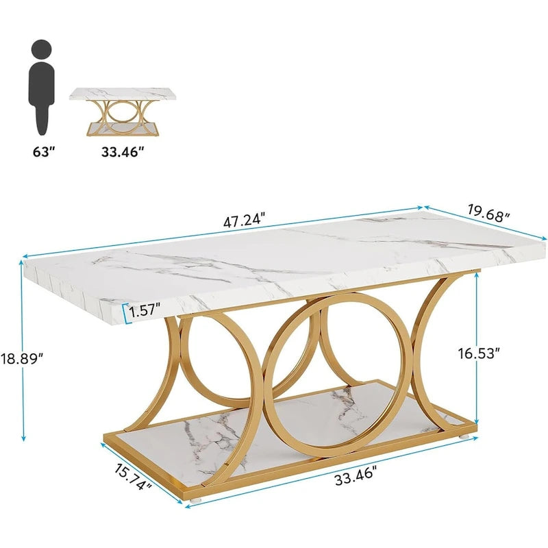 Table basse rectangulaire à 2 niveaux de 119 cm avec plateau en faux marbre et pieds en métal