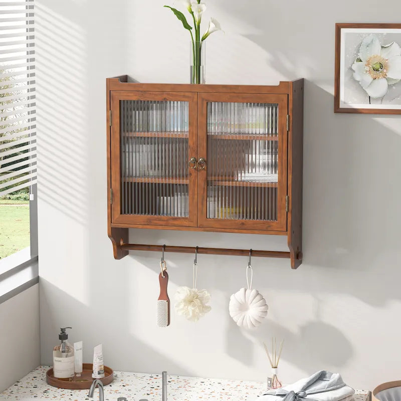 Meuble Haut Mural avec Portes en Verre Canelé et 3 Niveaux de Rangement