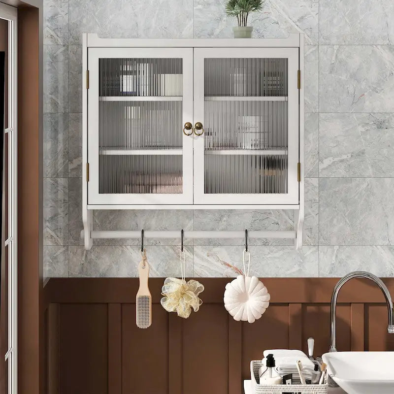 Meuble Haut Mural avec Portes en Verre Canelé et 3 Niveaux de Rangement