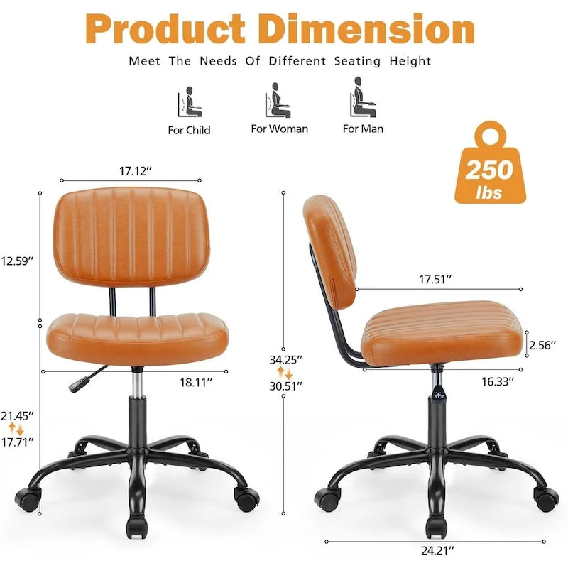 Chaise de bureau sans accoudoirs en similicuir avec support lombaire, hauteur réglable