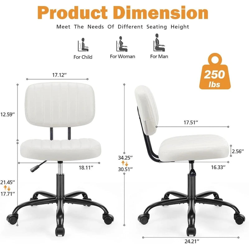 Chaise de bureau sans accoudoirs en similicuir avec support lombaire, hauteur réglable