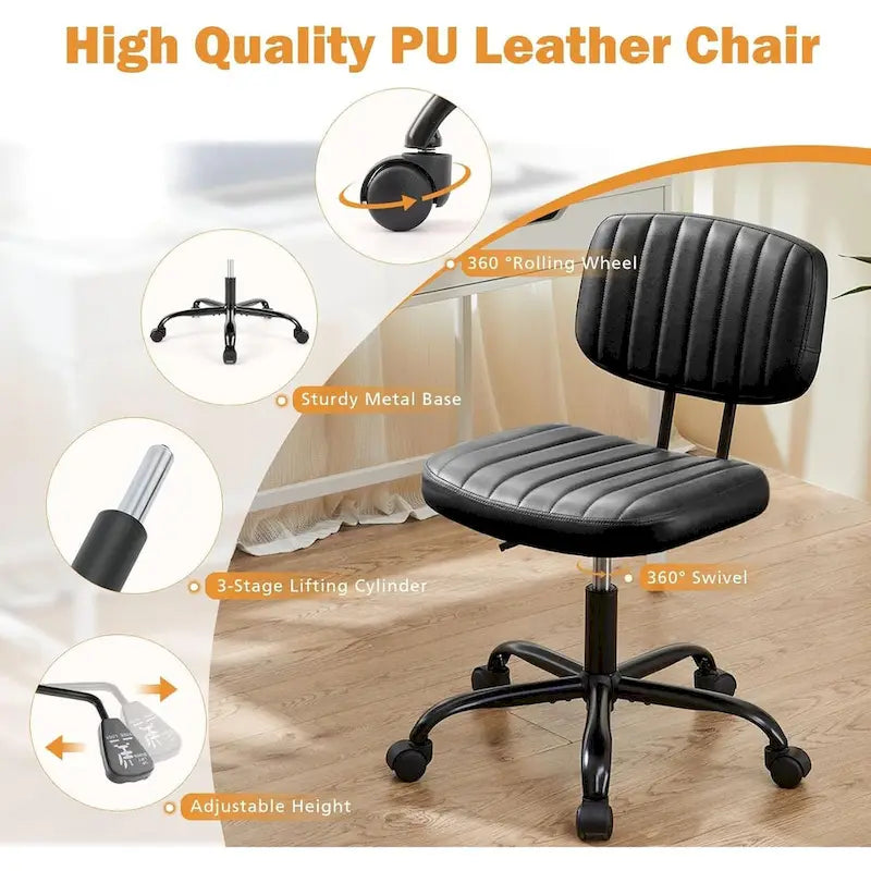 Chaise de bureau sans accoudoirs en similicuir avec support lombaire, hauteur réglable