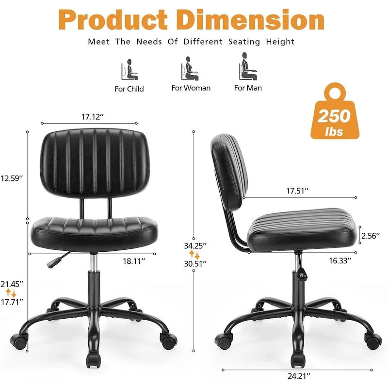 Chaise de bureau sans accoudoirs en similicuir avec support lombaire, hauteur réglable