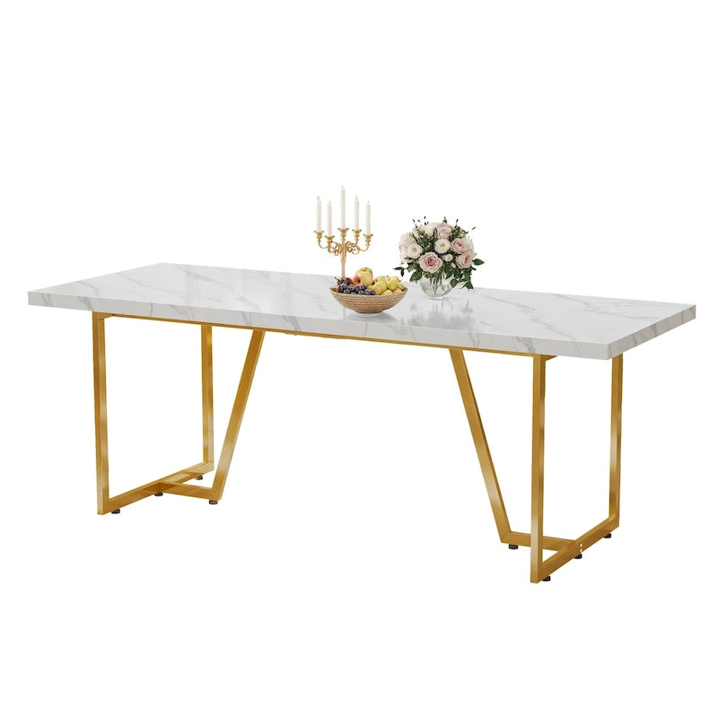 Table à manger rectangulaire en faux marbre 82W avec pieds en métal, 8 à 10 places