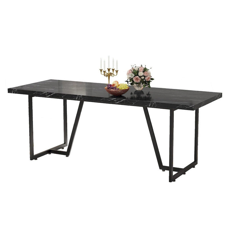 Table à manger rectangulaire en faux marbre 82W avec pieds en métal, 8 à 10 places
