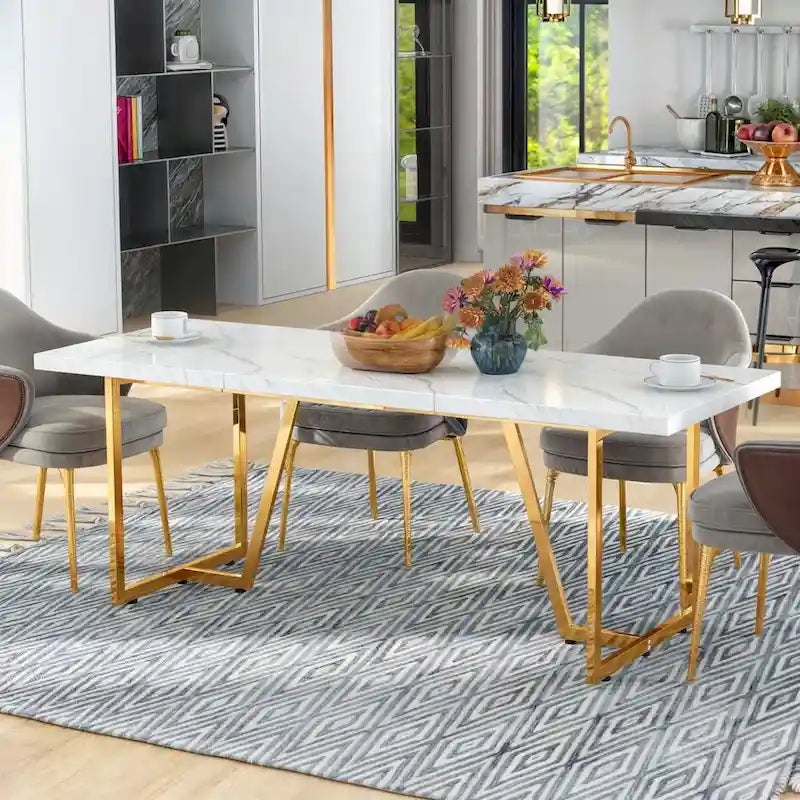 Table à manger rectangulaire en faux marbre 82W avec pieds en métal, 8 à 10 places