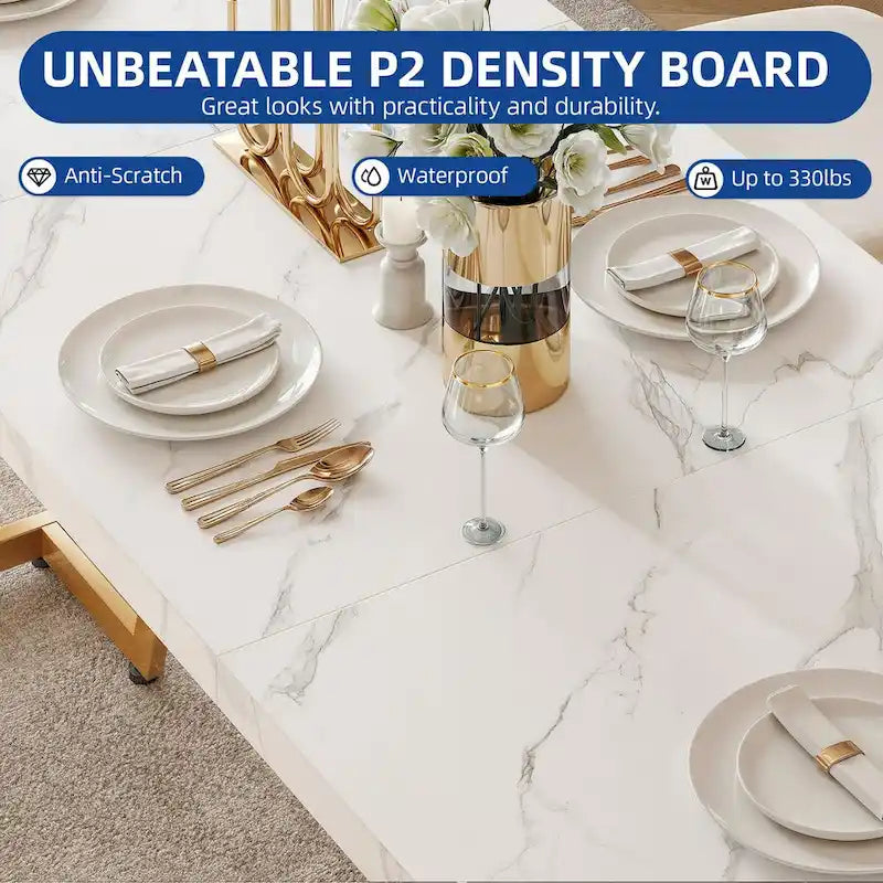 Table à manger rectangulaire en faux marbre 82W avec pieds en métal, 8 à 10 places