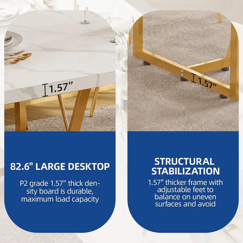 Table à manger rectangulaire en faux marbre 82W avec pieds en métal, 8 à 10 places