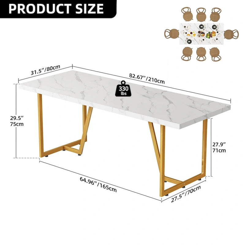 Table à manger rectangulaire en faux marbre 82W avec pieds en métal, 8 à 10 places