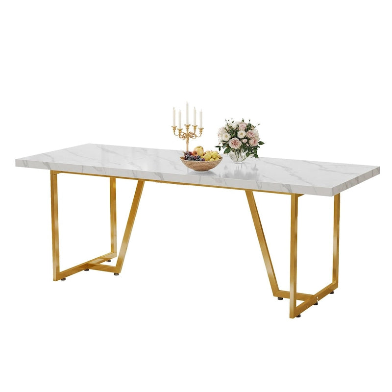 Table à manger rectangulaire en faux marbre 82W avec pieds en métal, 8 à 10 places