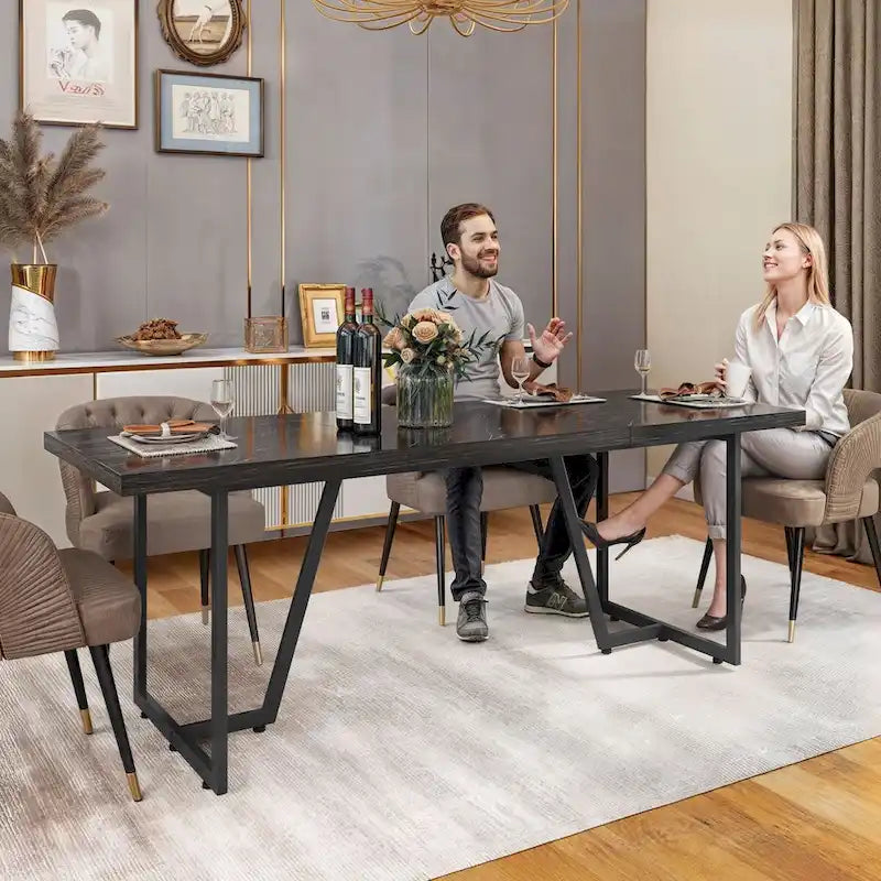 Table à manger rectangulaire en faux marbre 82W avec pieds en métal, 8 à 10 places