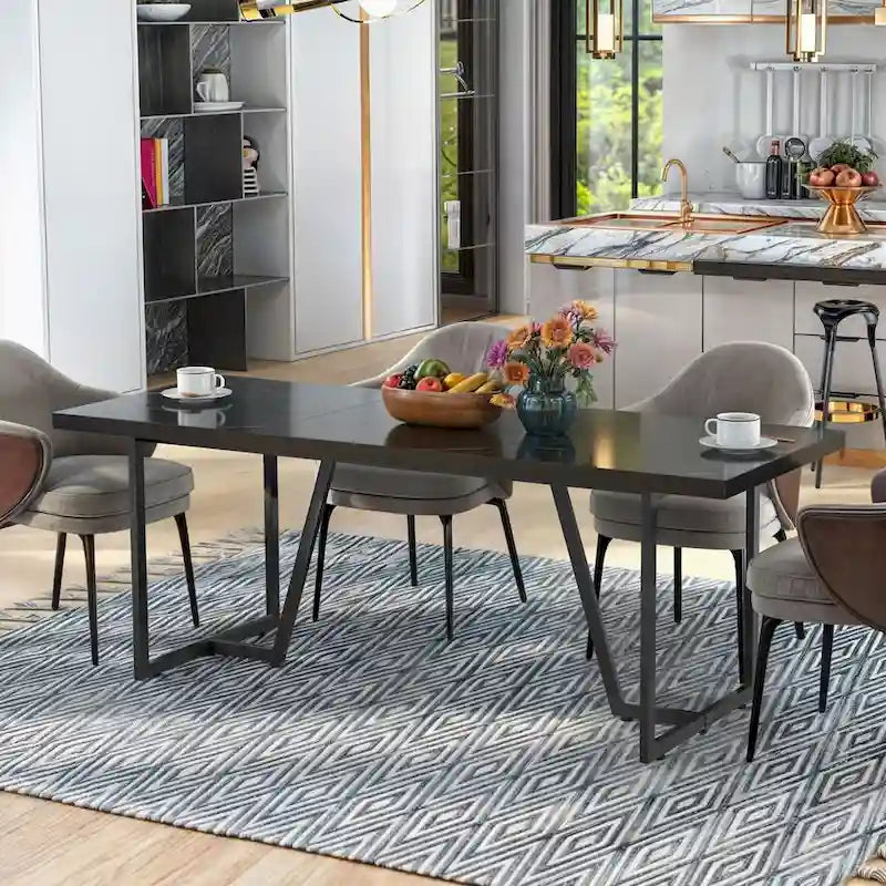 Table à manger rectangulaire en faux marbre 82W avec pieds en métal, 8 à 10 places