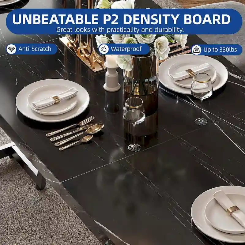 Table à manger rectangulaire en faux marbre 82W avec pieds en métal, 8 à 10 places