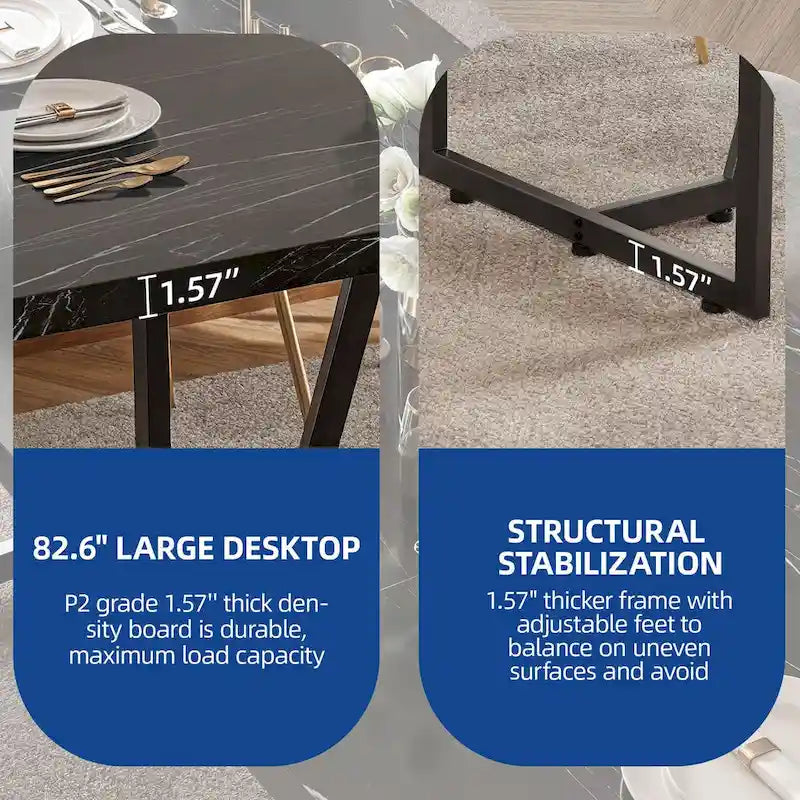 Table à manger rectangulaire en faux marbre 82W avec pieds en métal, 8 à 10 places