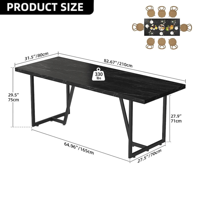 Table à manger rectangulaire en faux marbre 82W avec pieds en métal, 8 à 10 places