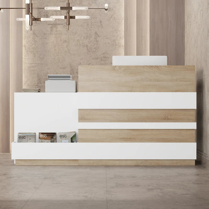 Comptoir d'accueil en L avec tiroir à clavier et armoire de rangement – Blanc et Chêne