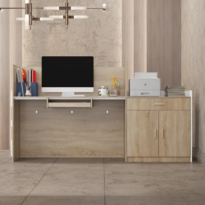 Comptoir d'accueil en L avec tiroir à clavier et armoire de rangement – Blanc et Chêne