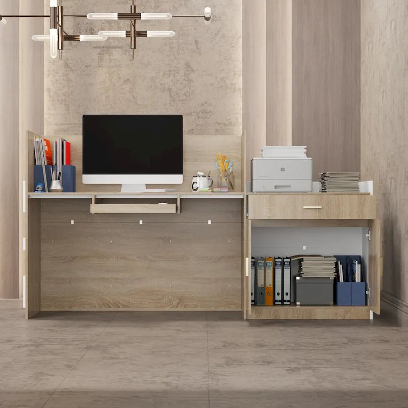 Comptoir d'accueil en L avec tiroir à clavier et armoire de rangement – Blanc et Chêne