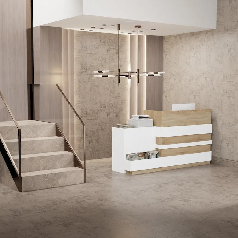 Comptoir d'accueil en L avec tiroir à clavier et armoire de rangement – Blanc et Chêne