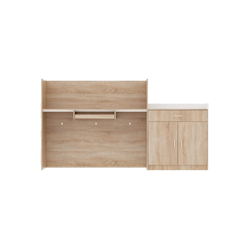 Comptoir d'accueil en L avec tiroir à clavier et armoire de rangement – Blanc et Chêne