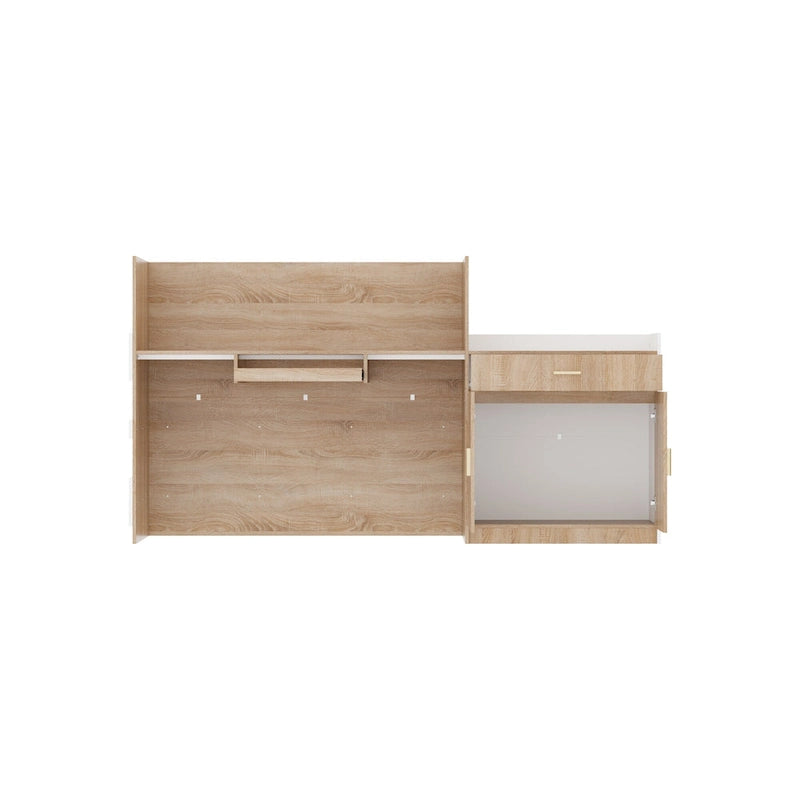 Comptoir d'accueil en L avec tiroir à clavier et armoire de rangement – Blanc et Chêne