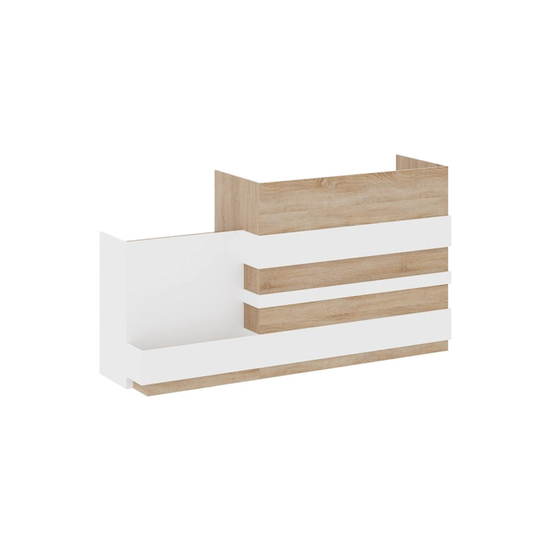 Comptoir d'accueil en L avec tiroir à clavier et armoire de rangement – Blanc et Chêne