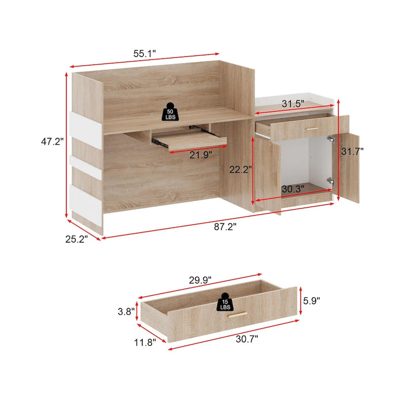 Comptoir d'accueil en L avec tiroir à clavier et armoire de rangement – Blanc et Chêne