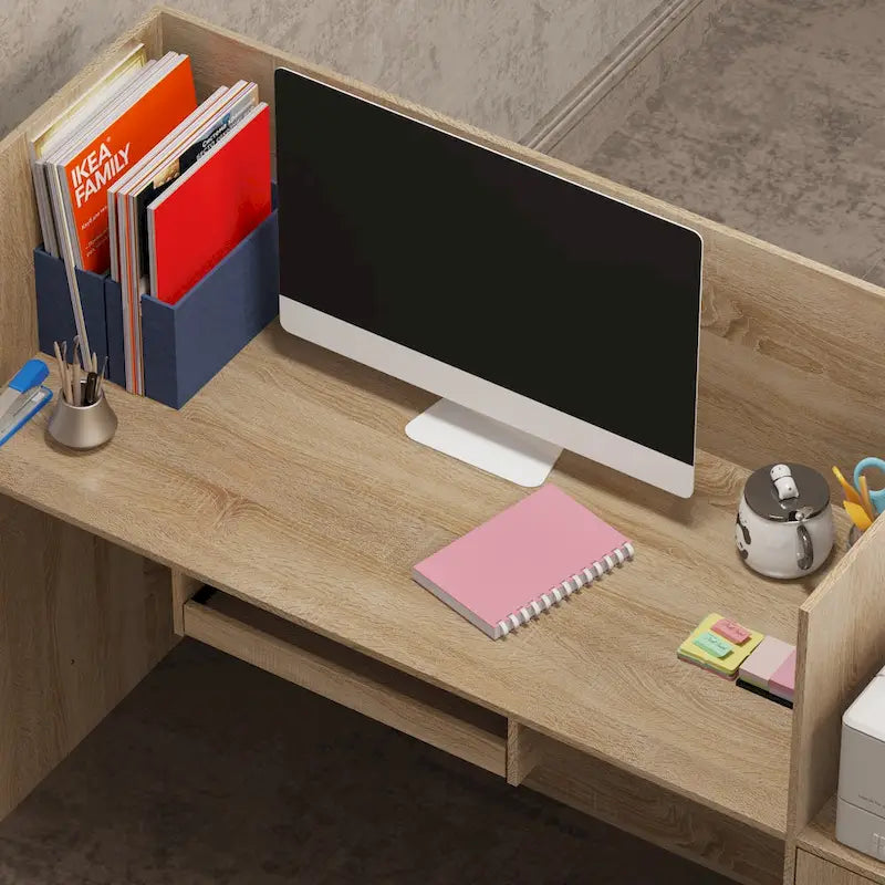 Comptoir d'accueil en L avec tiroir à clavier et armoire de rangement – Blanc et Chêne