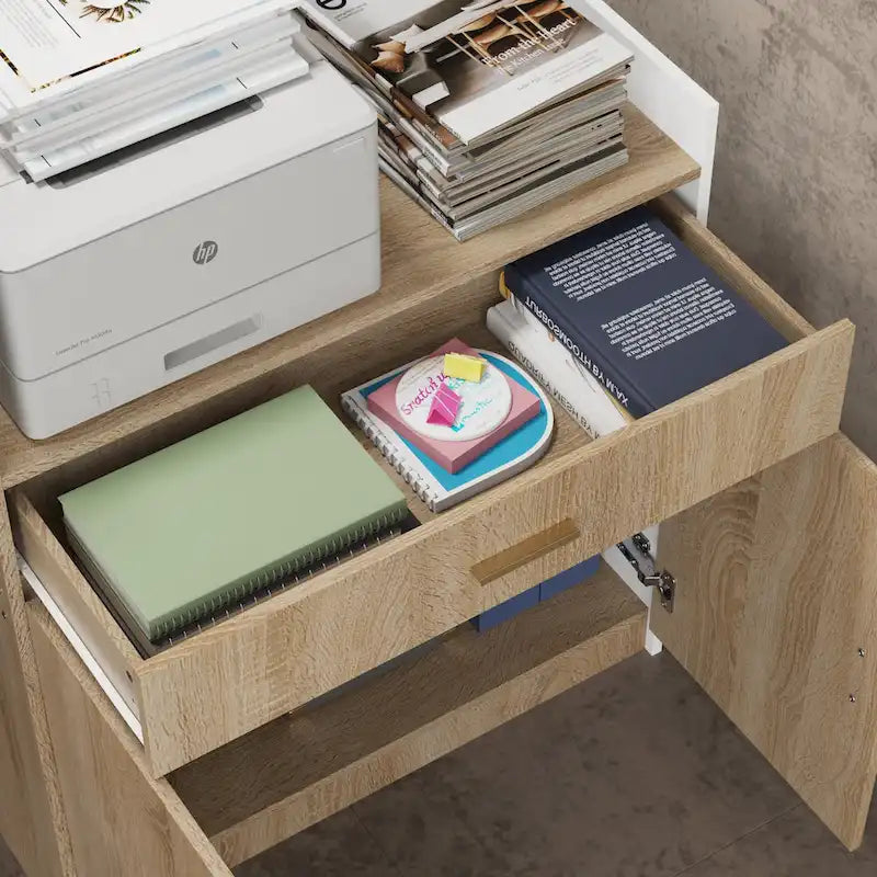 Comptoir d'accueil en L avec tiroir à clavier et armoire de rangement – Blanc et Chêne