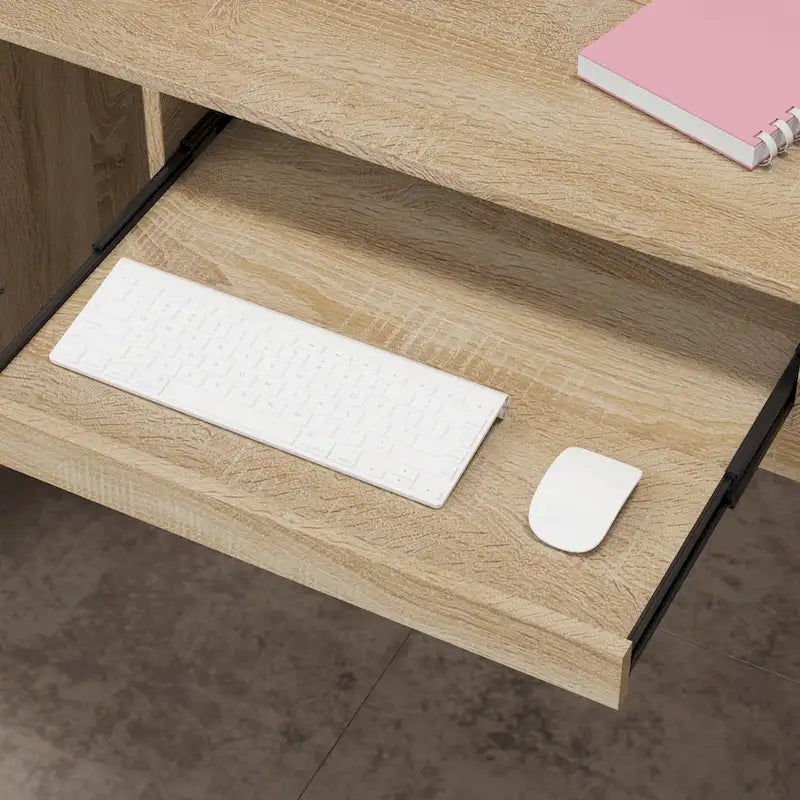 Comptoir d'accueil en L avec tiroir à clavier et armoire de rangement – Blanc et Chêne