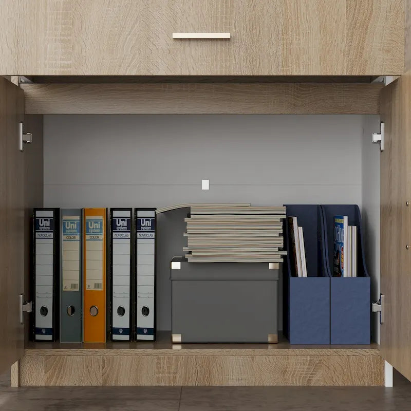 Comptoir d'accueil en L avec tiroir à clavier et armoire de rangement – Blanc et Chêne