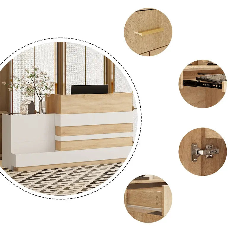 Comptoir d'accueil en L avec tiroir à clavier et armoire de rangement – Blanc et Chêne