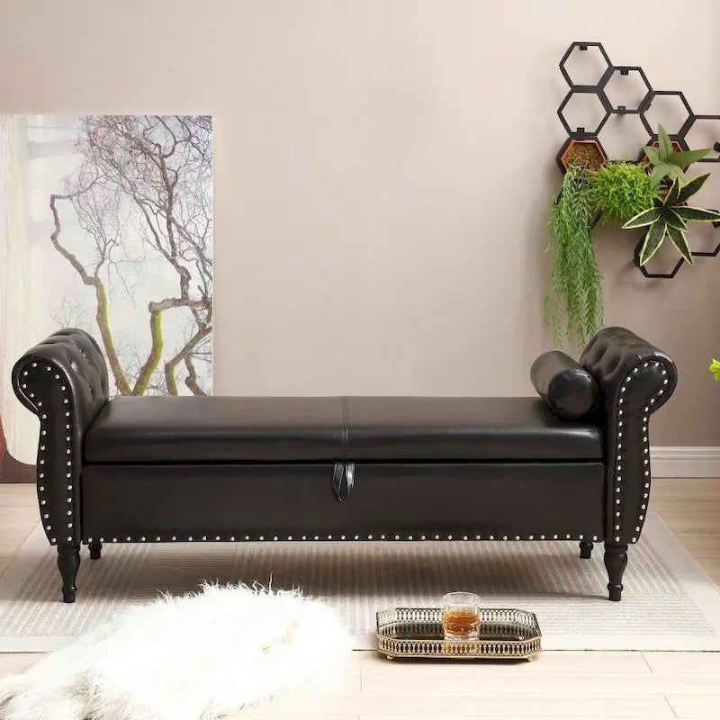 Banc ottoman de rangement capitonné avec couvercle touffeté et garniture cloutée