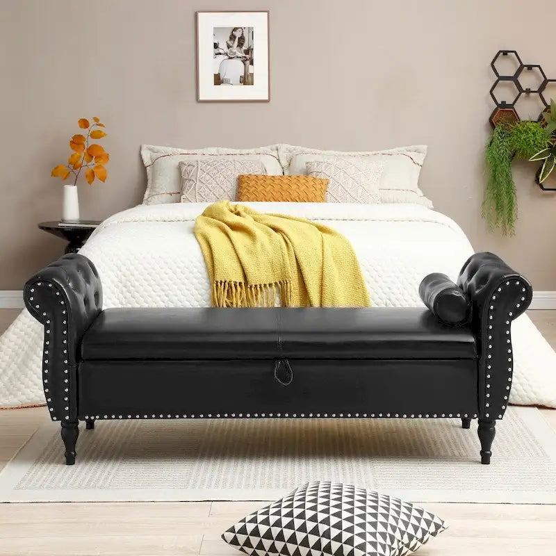 Banc ottoman de rangement capitonné avec couvercle touffeté et garniture cloutée